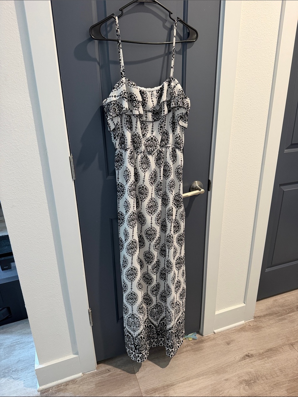 Black & White Printed Maxi Dress with Ruffle Bodice